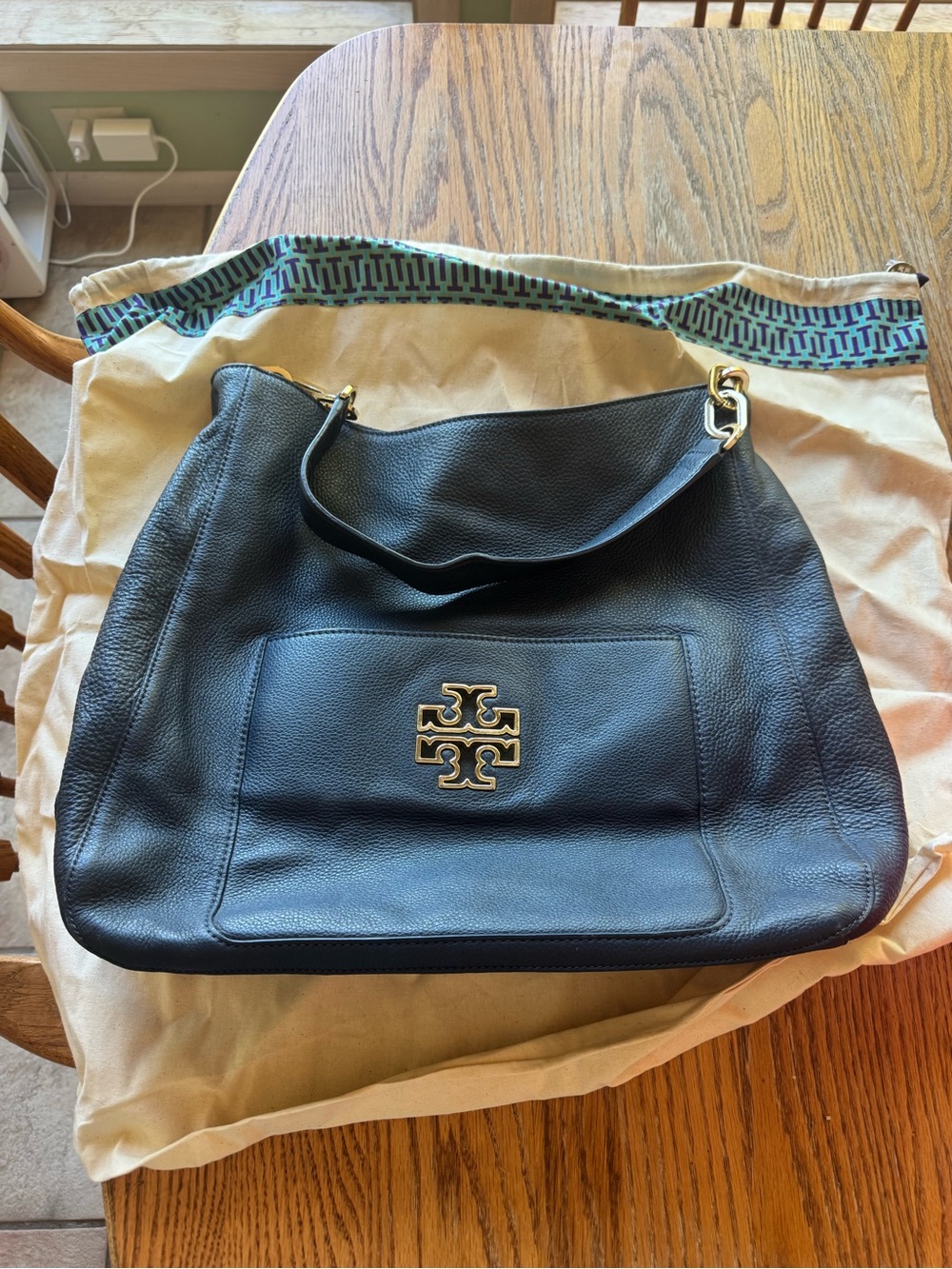 Tory Burch Black Leather Shoulder Hobo with Gold Logo
